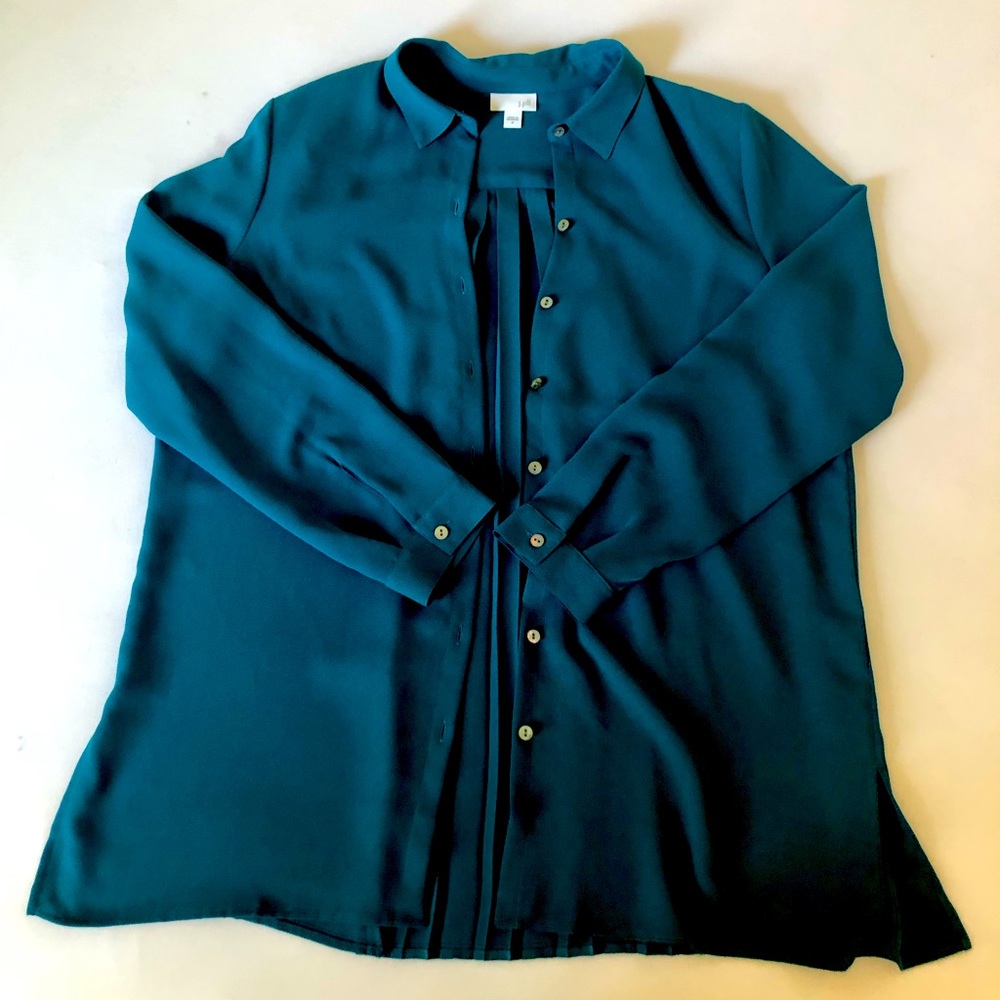 Teal Button Blouse with Ruched Detail
